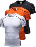 3 Pack Men's Compression Shirts Short Sleeve Workout T-Shirt Cool Dry Undershirts Baselayer Sport Cool Shirt Running Tops, B Grey+white+orange, Large