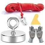 Neosmuk Fishing Magnet, 500 lb+ Giant Rare Earth Magnet with Rope, Large and Big 2.5 inches Diameter Disc Magnetic Fishing Kit for Tools, Heavy Duty and Thick Retrieving Neodymium Magnet with Hole