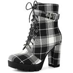 Perphy Platform Lace Up Chunky Heel Plaid Printing Ankle Boots for Women Black 5 UK/Label Size 7 US