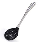 we3 Kitchen Silicone Skimmer Slotted Spoon-Cooking Utensils with Heat Resistant Silicone Covering Head and Stay-Cool Stainless Steel Handle|35.4cm L & 10.3cm W Steel Skimmer| (Black)