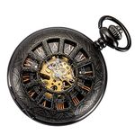 SIBOSUN Skeleton Pocket Watch Special 12-Little-Window Case Design Men Black Mechanical with Chain Box Steampunk