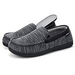 MERRIMAC Men's Cozy Cotton Knit Moccasin Slippers Coral Fleece Lined House Slippers with Removable Insole (12 M US, Dark Grey)