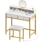 Seventable Vanity Desk with Power Outlets & Fabric Drawers, Makeup Vanity Table Set with Storage & Hook, Home Office Desks for Bedroom, Modern Writing Desk for Small Spaces, White and Gold (No Mirror)