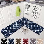 Carvapet 2 Piece Non-Slip Kitchen Mat Machine Washable Moroccan Design Kitchen Floor Mat (Navy Blue)