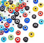 NBEADS About 65 Pcs Mixed Color 6mm Flat Round Handmade Evil Eye Lampwork Beads Charms Spacer Beads fit Bracelets Necklace Jewelry Making