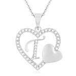 Kanak Jewels Love Heart Pendent "T" Letter Silver Gold Plated for Girls Women Men Unisex Couple Alphabet Pendant in American Diamond Jewellery Set alphabet Cubic Zirconia Brass Chain Pendant