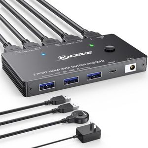 8K HDMI 2.1 KVM Switch 2 Ports, USB 3.0 KVM Switcher Box 2 in 1 Out KVM Switches Support 8K@60Hz, 4K@144Hz Resolution for 2 Computers Share Mouse Keyboard and 1 Monitor with Wired Remote Controller