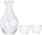 Flybold Glass Sake Set Decanter with 2 Glasses - Transparent Pot with Cavity for Refrigeration - Easy to Clean Japanese Sake Set for Home, Party, Picnic - 2.1"x1.8"(Glass x 2), 3.7"x6.5"x2"(Decanter)