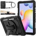 SEYMAC stock Case for Samsung Galaxy Tab S6 Lite 10.4 Inch 2024/2022/2020, Full Body Shockproof S6 Lite Case with Screen Protector, 360 Rotating Hand Strap/Stand, Pen Holder, Shoulder Strap, Black