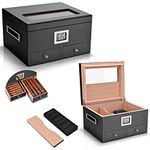 CIGARLOONG Cigar Humidor 35-50 Count Glass Top Large Capacity Cigar Box with Front Hygrometer, Humidifier and Accessory Drawer(Black)
