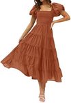 ZESICA Women's Summer Square Neck Short Puff Sleeve Solid Color High Waist Casual Smocked Flowy A Line Tiered Midi Dress,Rust,Large