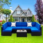 LOCCUS 6Pcs Outdoor Conversation Set Patio Furniture Set All Weather Wicker Sectional Couch Sofa,Center Table Ottoman with Cushions.(Black and Blue Color)