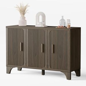 GOUUN Mid Century Modern Buffet Cabinet with Storage, Accent Sideboard and Credenza with Fluted Doors, Wood Coffee Bar Console for Kitchen, Living Room (Walnut Brown, 47" 3-Door)