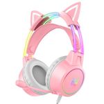 Lightweight Gaming Headsets with Removable Cat Ears,Gradient RGB Light, Wired Over- Ear Headphones for PC/PS4/PS5/XBOX/Switch, Virtual Surround Sound & Noise Cancelling Mic, Auto-Adjust Headband, Pink