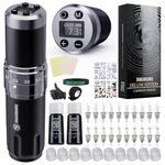 Dragonhawk Wireless Tattoo Gun Kit, Fold3 Rotary Machine Pen with 2 Replaceble Batteries, 20 Count Glide Extra Smooth Needles Cartridges, Adjustable Stroke Length