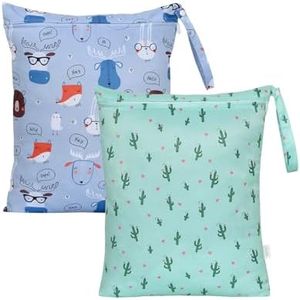OTraki 2Pcs Wet Bags with Zippered & Handle, 16 x 20 inch Waterproof Wet Dry Bag Reusable for Swimsuit Travel Beach Pool Gym, Dirty Cloths Daycare Organizer (Animal &Cactus Pattern)
