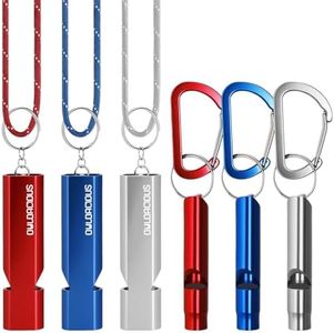 Owldacious Emergency Whistle Set, 120dB Loud Safety Whistles - 6 Pack Dual Size Aluminum Whistles, 3 Paracord Lanyards, 3 Carabiners for Personal Safety, Camping, Hiking, Survival, Marine Rescue
