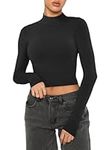 REORIA Women's Cute Basic Mock Turtleneck Long Sleeve Ribbed Tight Tshirts Crop Tops Turtle Necks Black L