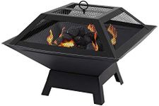 Parkland Square Fire Pit with BBQ Grill Heater Outdoor Garden Black Barbeque Metal Brazier Patio Decor Firepit Stove Portable Heat Mesh Cover for Camping or Picnics