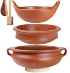 Craftsman India Online Clay Handi/Pot For Cooking And Serving Combo 1, 1 & 2Liter, Matte Polished, Red