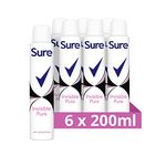 Sure Invisible Pure Anti-Perspirant Aerosol pack of 6 deodorant for women that protects against white marks and yellow stains for 48-hour sweat and odour protection 200 ml