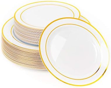 MATANA 60 Reusable or Disposable Plastic Plates Gold with White Gold Rim - 30 Dinner Plates 10.25", 30 Salad Dessert Appetizer Plates 7.5", Heavy Duty, Elegant, Premium for Parties, Wedding & Events