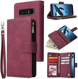 LBYZCASE Phone Case for Galaxy Note 8,Samsung Note 8 Wallet Case,Luxury Folio Flip Leather Cover[Zipper Pocket][Wrist Strap][Kickstand ] for Samsung Galaxy Note 8 (Wine Red)