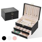 Jewelry Box for Women and Girls,3 Layer Large Jewelry Organizer With Removable Tray,Velvet Lined Jewelry Storage Case Pu Leather with Lock for Rings Earrings Necklace Bracelet Watch(Black)