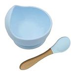 Baby Feeding Bowl and Spoon Set, Silicone Suction Base and Wooden Spoon Kit First Stage Self Training Feeding Sets for Toddler Kids (Blue)