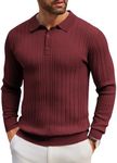 COOFANDY Men's Knit Polo Shirts Long Sleeve Casual Button Down Ribbed Polo Shirt Fashion Golf Shirts Wine Red