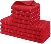 Homaxy Kitchen Towels and Dishcloths Set, 12 x 12 and 13 x 28 Inches, Set of 8 Bulk Cotton Terry Kitchen Towels Set, Checkered Designed, Soft and Super Absorbent Dish Towels, Red