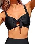 Tempt Me Women Bikini Tops Push Up Swim Top Front Tie Knot Bathing Suit Top Padded Swimsuit Top Only, Black-2, Large