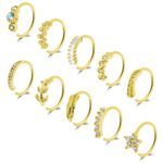 Yolev 10Pcs Nose Rings Hoops Gold Septum Hoops Rhinestones Paved Leaf Feather Hinged Cartilage Tragus Lip Earrings Nose Piercing Hoop for Women(8MM)