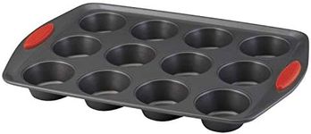 Rachael Ray 47956 12-Cup Oven Lovin’ Muffin & Cupcake Pan Steel, Gray with Red Grips