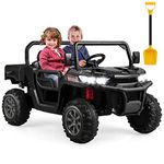 Costzon 2-Seater Ride on Car, Dump Truck w/Remote Control, Electric Dump Bed, Shovel, USB, AUX, Music, Rocking Function, Spring Suspension, 12V Battery Powered Off-Road UTV, Kids Car to Drive (Black)