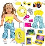 25pc Yellow 18 inch Dolls Travel Suitcase Play Set Doll Clothes and Accessories Include Luggage Camera Computer Glasses Pillow etc (No Doll)