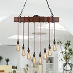 Farmhouse Pendant Lights Kitchen Island, Kitchen Light Fixtures, Rustic Dining Room Light Fixture with 8 E26 Bulb Sockets, Black Metal and Wood Beam Ceiling Pendant Light Fixtures, Hanging Lights