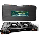 Green Haven Double Burner Camping Stove, Portable Butane Gas or LPG Cooker with Grill Plate and Outdoor Gas Cooker - Camping Cooker for BBQ Caravan