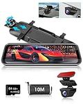 Mirror Dash Cam 10'' 1080P Right Side Front Camera Dual Dash Cam Front and Rear View Mirror with Waterproof Rear Camera Super Night Vision, 170° Angle, 10M Cable Dash Rear View Camera, 64GB SD Card