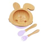 Kids Station 4 Piece Wooden Feeding Set for Babies - Rabbit Bowl, Suction Ring, Spoon and Fork - Reusable - Eco Friendly - Tableware Crockery Set for Weaning Toddler (Purple)