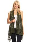 ANNA-KACI Womens Sleeveless Open Front Crochet Shawl Cardigan Bikini Cover Up, Olive Green,X-Large/XX-Large