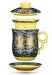 4pcs Set of Chinese Dragon Pattern Tea-Mug with Strainer Infuser and Lid and Saucer Ceramic Tea Mug Convenient System Chinese Porcelain Personal Tea Cup,13.5oz(400ml)/4 Colors (Dark Green)