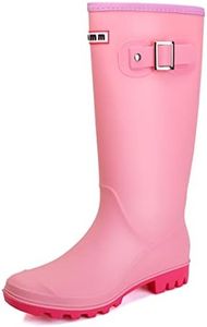 Lezzglt Rain Boots for Women and Waterproof Garden Shoes, Anti-Slipping Knee-high Rubber Boots for Ladies with Comfortable Insoles, Keep Warm Lightweight Work Tall Fishing Boots for Outdoor, Pink, 7.5