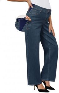 OUGES Womens Stretchy Maternity Jeans Loose Fit Straight Leg High Waist Denim Wide Leg Business Casual Work Pants Pregnancy Must Haves Mom Jeans Trendy Maternity Clothes with Pockets(Vintage Blue,XXL)