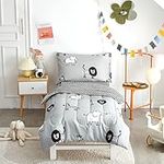 Flysheep 4 Piece Gray Grey Toddler Bedding Set with Multi Animals Printed for Baby Boys - Includes Quilted Comforter, Flat Sheet, Fitted Sheet & Pillow Case, Soft & Comfortable Microfiber