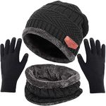 Aadikart Mens & Women Head Cover Woolen Cap & Neck Warmer Beanie Set with Woolen Touch Gloves G (Black Cap Black Touch)