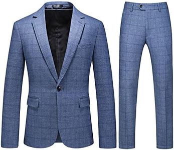 Mens Plaid Suit Tweed Slim Fit 2 Piece Casual Suits for Men One Button Tuxedo Suits Set （Blazer Jacket & Pants Set）, Light Blue, X-Large