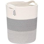 Sea Team Large Size Cotton Rope Woven Storage Basket with Handles, Laundry Hamper, Fabric Bucket, Drum, Clothes Toys Organizer for Kid's Room, 20 x 14 inches, Round Open Design, White & Mottled Grey