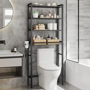 VASAGLE BARNET Collection - Over the Toilet Storage, Over Toilet Bathroom Organizer with Adjustable Shelves and Basket, 3 Hooks, Space Saving, 9.4 x 23.6 x 68.1 Inches, Ebony Black UBTS114BE01S