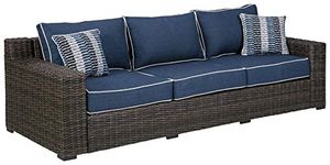 Signature Design by Ashley - Grasson Lane Outdoor Sofa - Contemporary - Wicker/Rust-Free Aluminum Frame - Brown/Blue